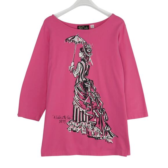 1980s Vintage Bob Mackie A Walk In The Park Pink Graphic Shirt Medium - Picture 1 of 7